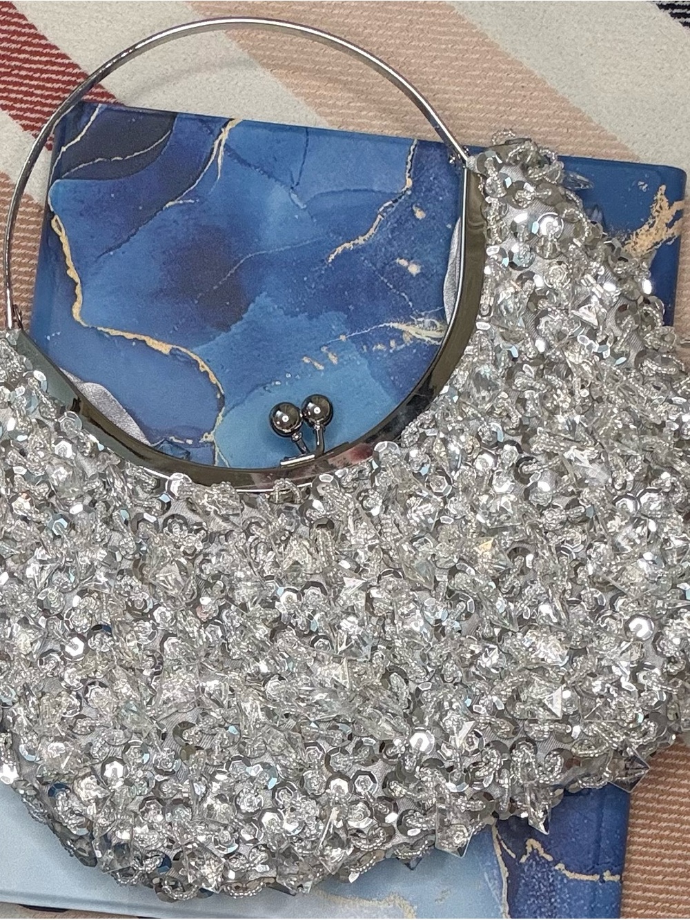 Silver Jeweled Embellished Evening Clutch Metal Ring Handle
